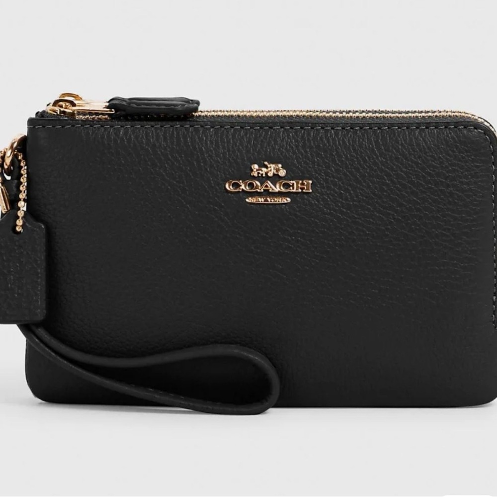 Coach Black Leather Wristlet with Gold Details